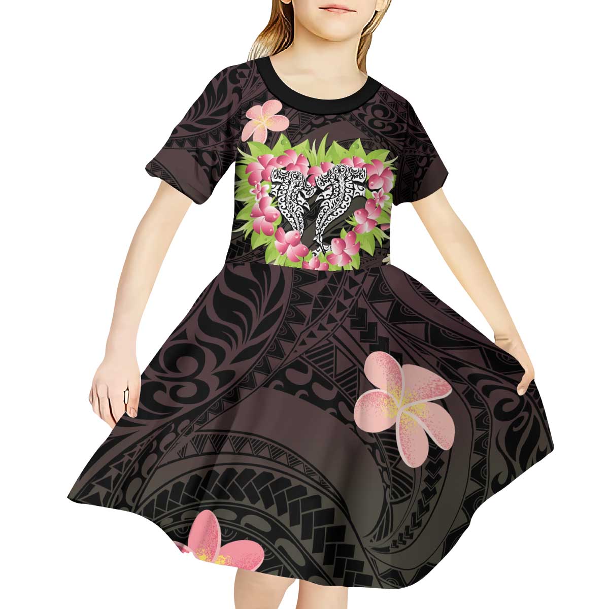 Polynesia Valentine's Day Kid Short Sleeve Dress Hammerhead Shark Plumeria With Polynesian Pattern LT14 - Polynesian Pride