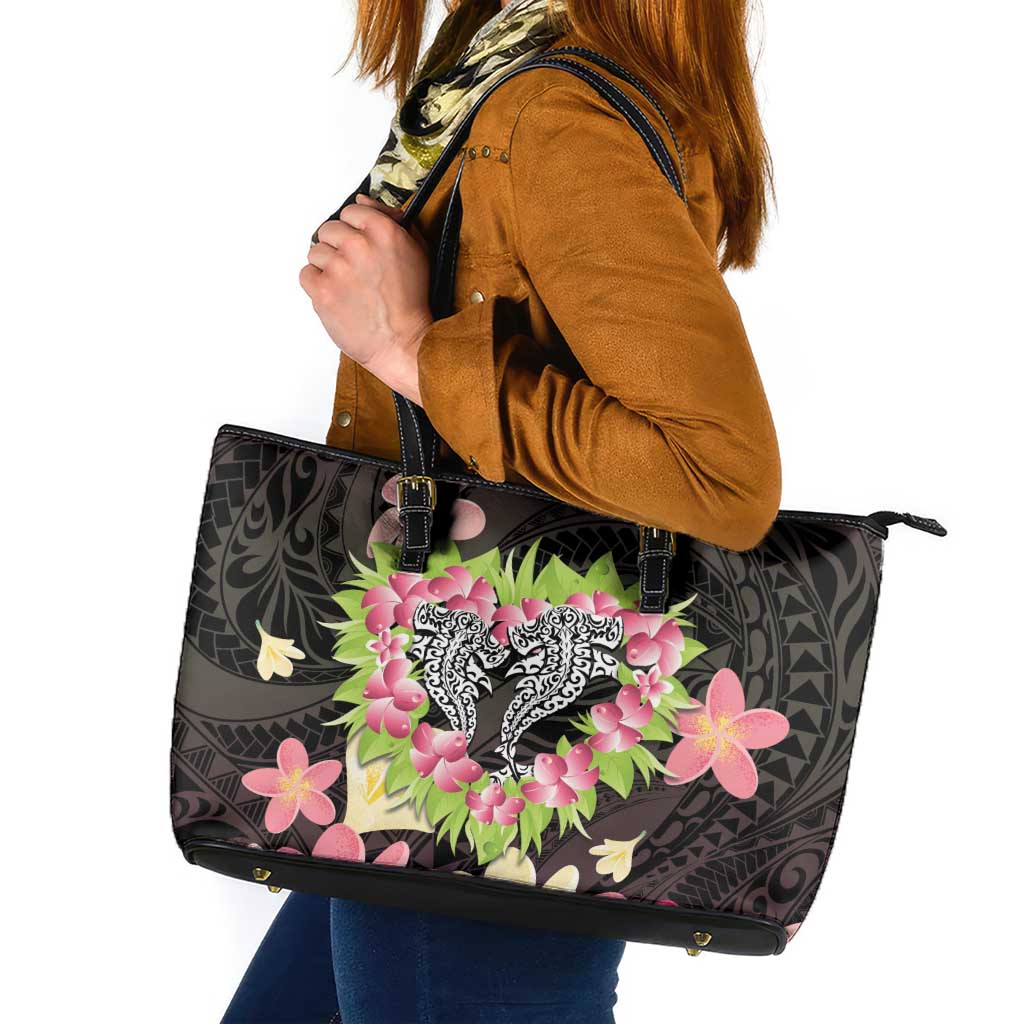 Polynesia Valentine's Day Leather Tote Bag Hammerhead Shark Plumeria With Polynesian Pattern LT14 Black - Polynesian Pride