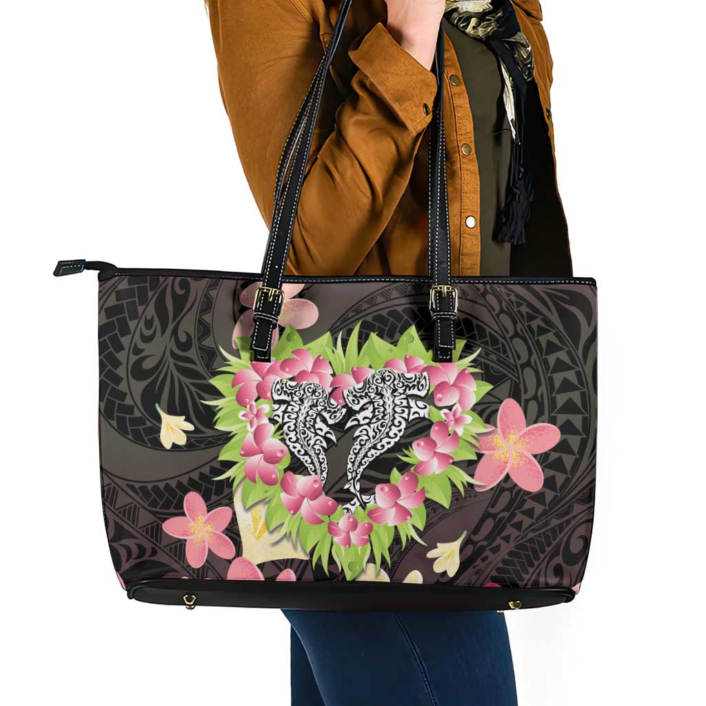 Polynesia Valentine's Day Leather Tote Bag Hammerhead Shark Plumeria With Polynesian Pattern LT14 - Polynesian Pride