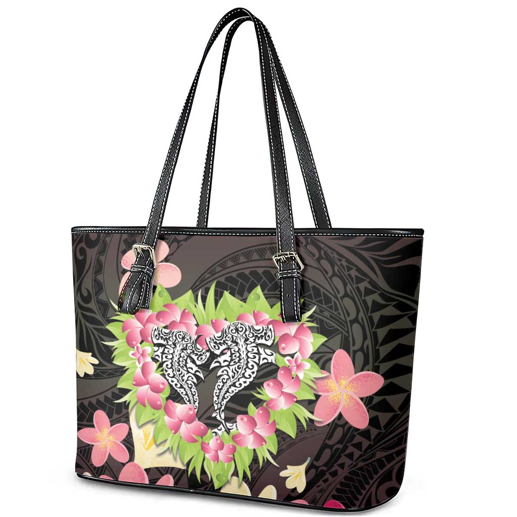 Polynesia Valentine's Day Leather Tote Bag Hammerhead Shark Plumeria With Polynesian Pattern LT14 - Polynesian Pride