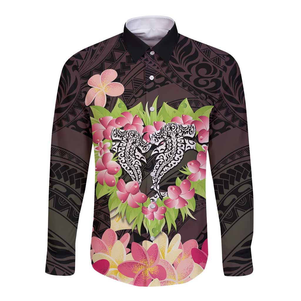 Polynesia Valentine's Day Long Sleeve Button Shirt Hammerhead Shark Plumeria With Polynesian Pattern LT14 Unisex Black - Polynesian Pride