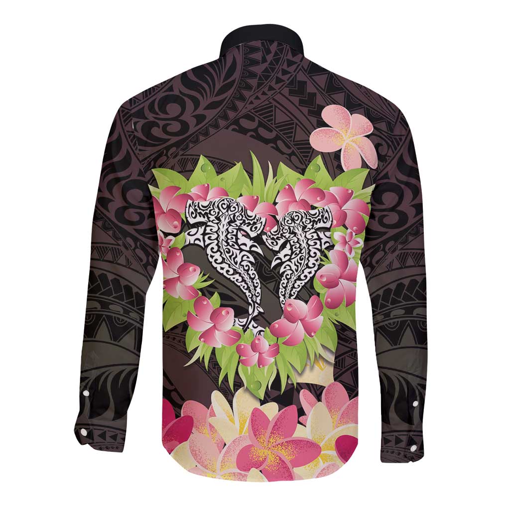Polynesia Valentine's Day Long Sleeve Button Shirt Hammerhead Shark Plumeria With Polynesian Pattern LT14 - Polynesian Pride