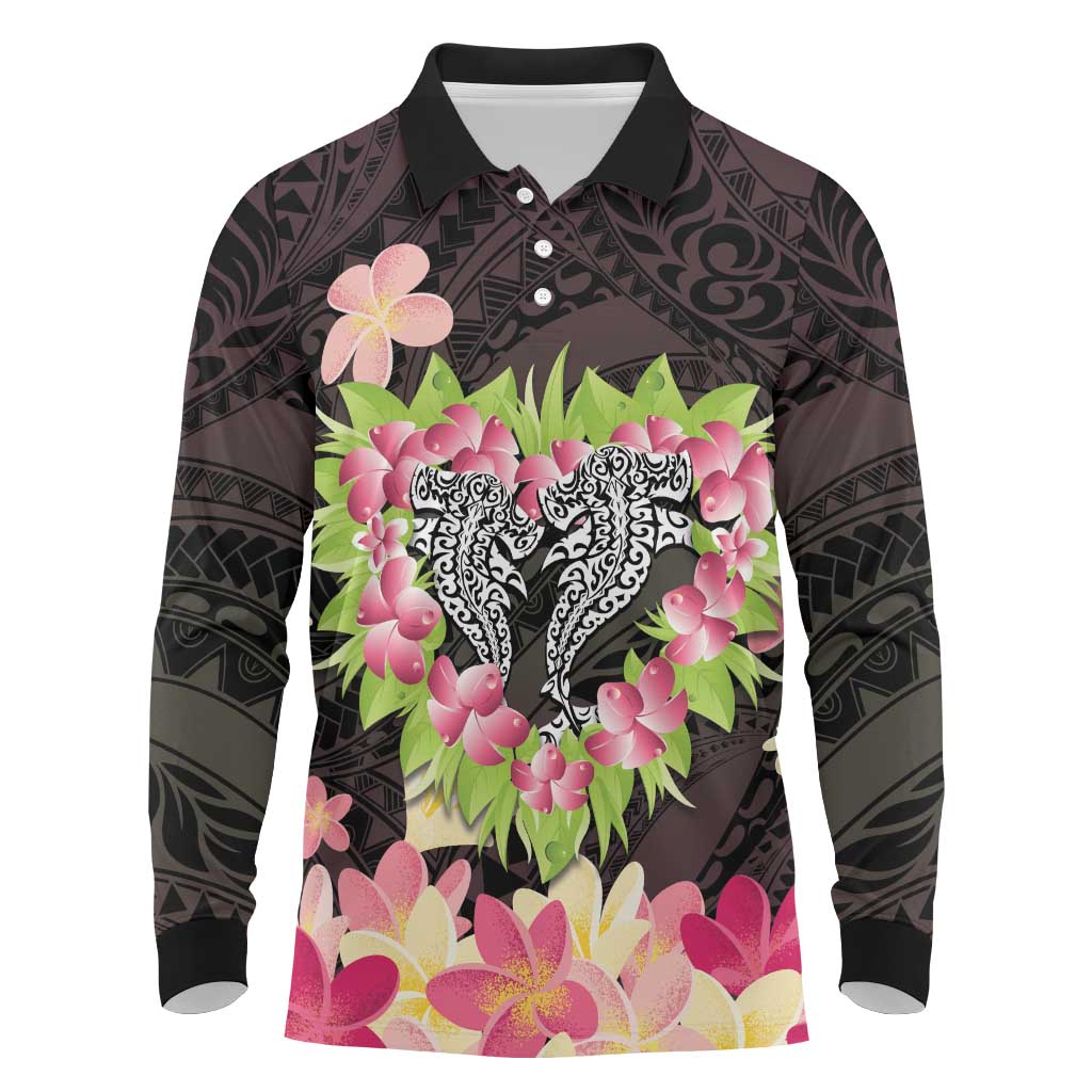 Polynesia Valentine's Day Long Sleeve Polo Shirt Hammerhead Shark Plumeria With Polynesian Pattern