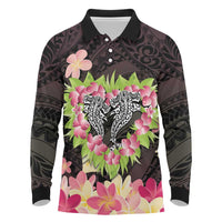 Polynesia Valentine's Day Long Sleeve Polo Shirt Hammerhead Shark Plumeria With Polynesian Pattern