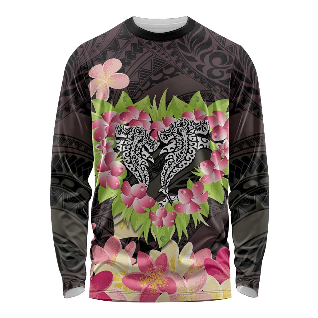 Polynesia Valentine's Day Long Sleeve Shirt Hammerhead Shark Plumeria With Polynesian Pattern LT14 Unisex Black - Polynesian Pride