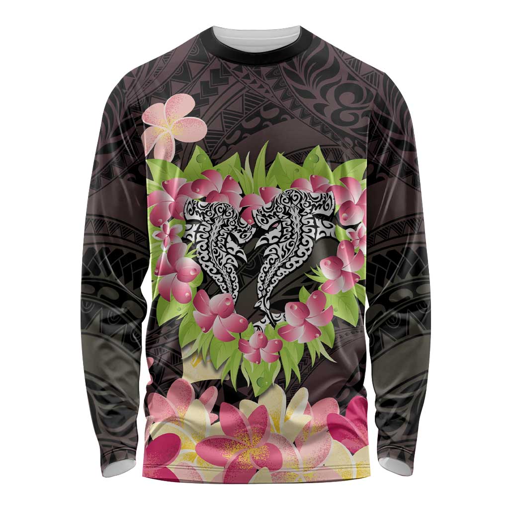 Polynesia Valentine's Day Long Sleeve Shirt Hammerhead Shark Plumeria With Polynesian Pattern