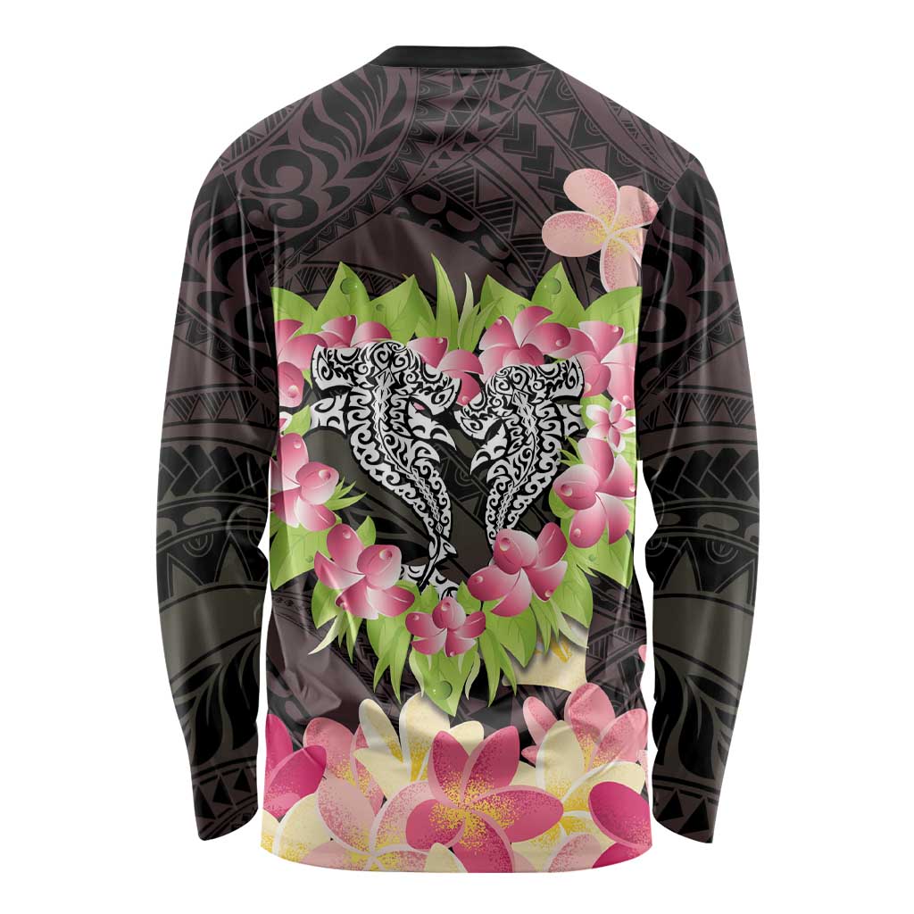 Polynesia Valentine's Day Long Sleeve Shirt Hammerhead Shark Plumeria With Polynesian Pattern LT14 - Polynesian Pride