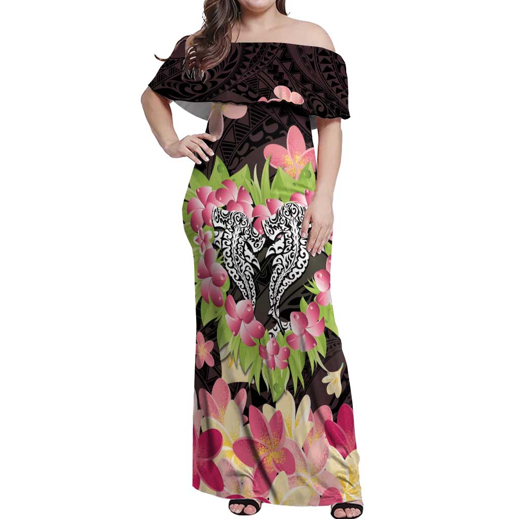 Polynesia Valentine's Day Off Shoulder Maxi Dress Hammerhead Shark Plumeria With Polynesian Pattern LT14 Women Black - Polynesian Pride