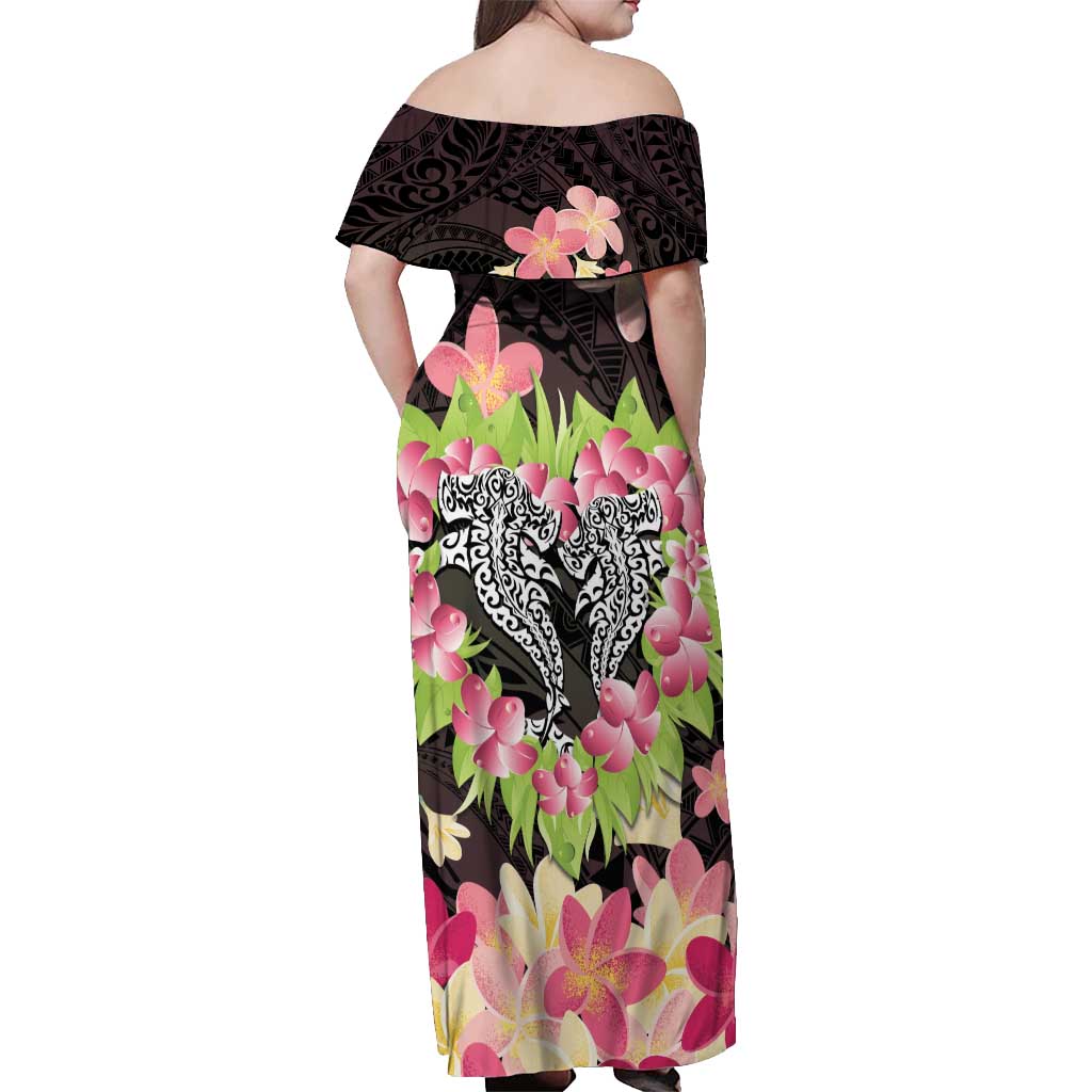 Polynesia Valentine's Day Off Shoulder Maxi Dress Hammerhead Shark Plumeria With Polynesian Pattern LT14 - Polynesian Pride