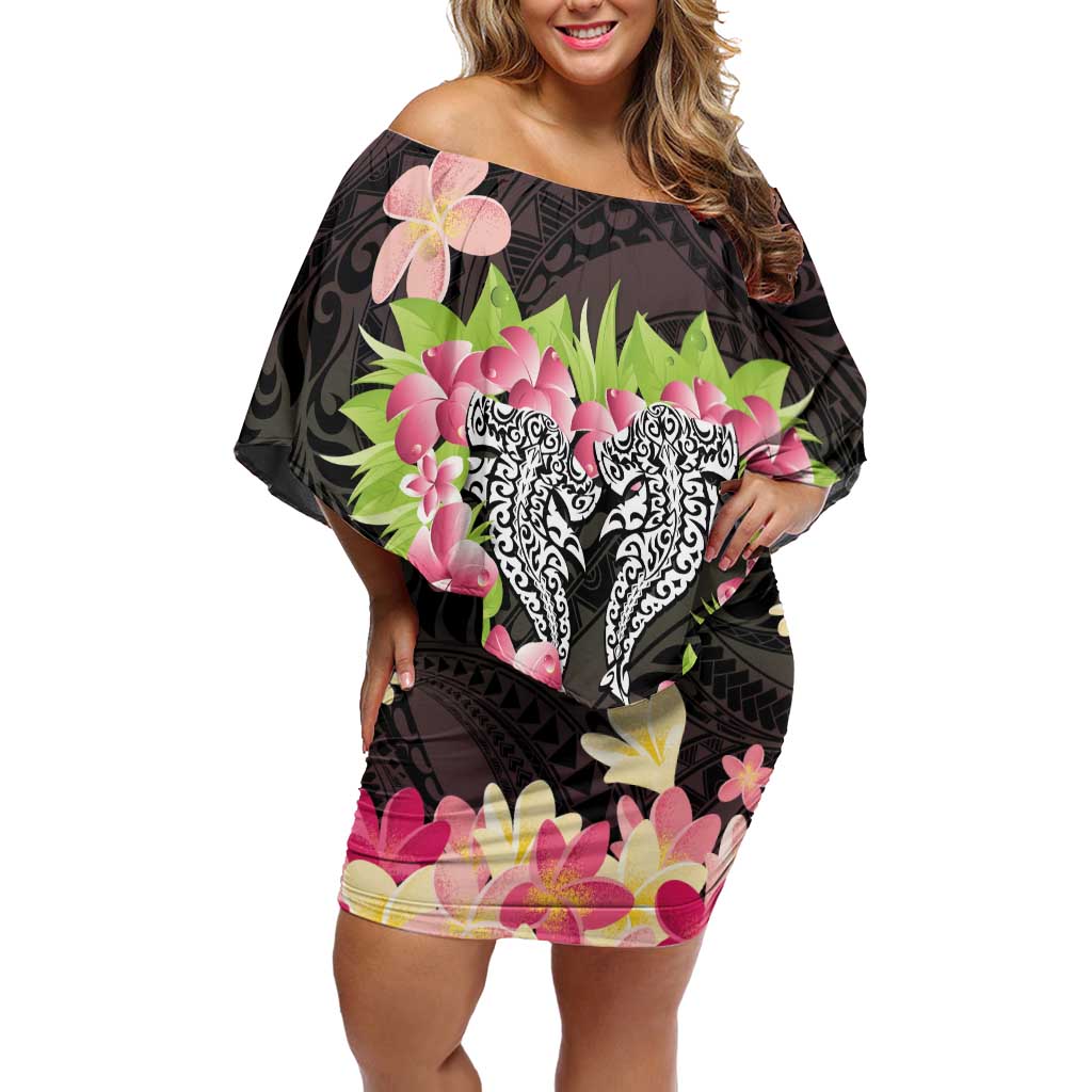 Polynesia Valentine's Day Off Shoulder Short Dress Hammerhead Shark Plumeria With Polynesian Pattern LT14 Women Black - Polynesian Pride