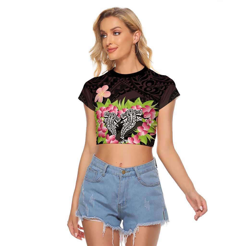 Polynesia Valentine's Day Raglan Cropped T Shirt Hammerhead Shark Plumeria With Polynesian Pattern