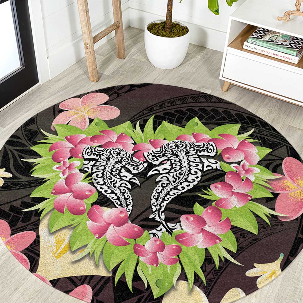 Polynesia Valentine's Day Round Carpet Hammerhead Shark Plumeria With Polynesian Pattern