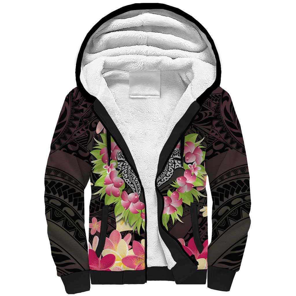 Polynesia Valentine's Day Sherpa Hoodie Hammerhead Shark Plumeria With Polynesian Pattern LT14 Unisex Black - Polynesian Pride