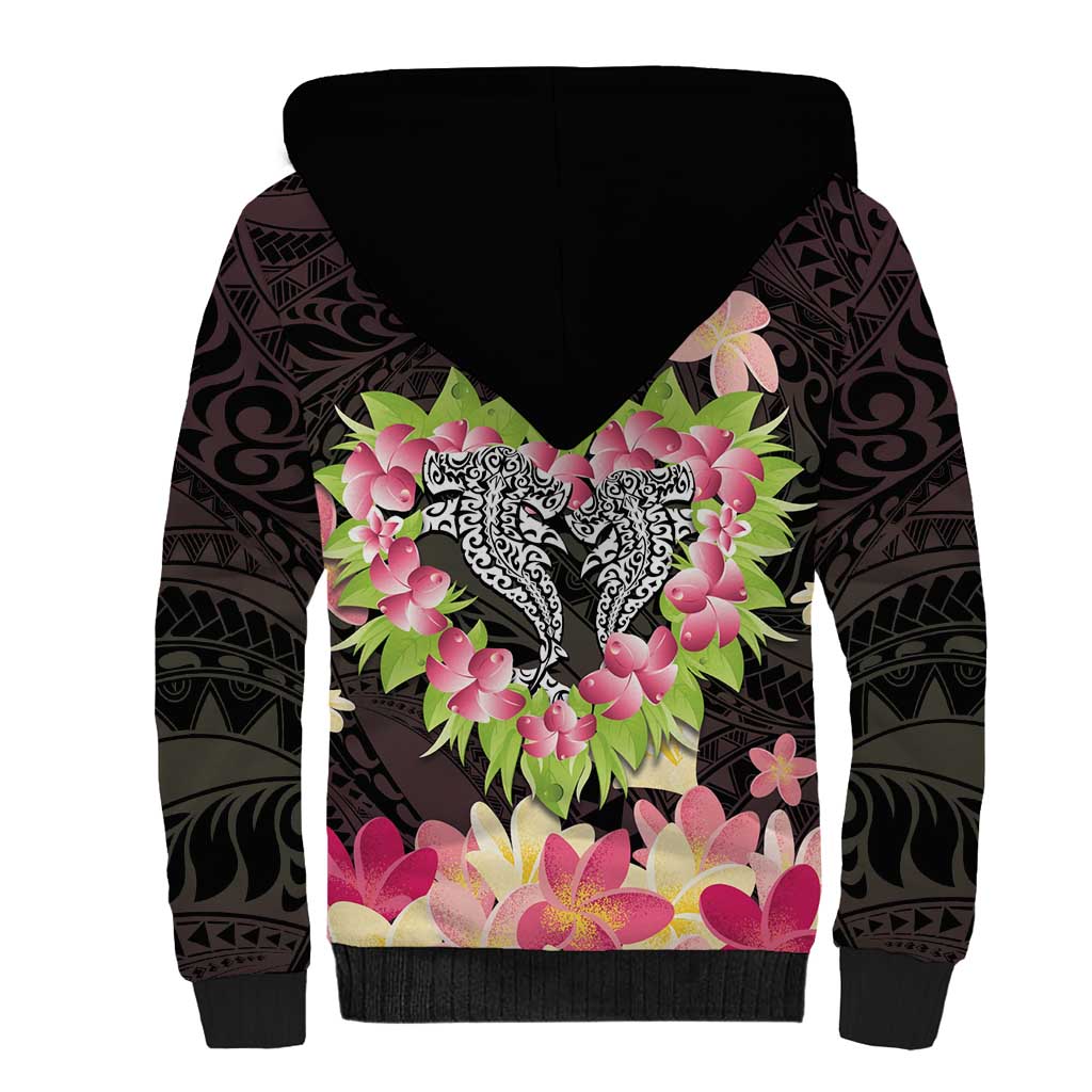 Polynesia Valentine's Day Sherpa Hoodie Hammerhead Shark Plumeria With Polynesian Pattern LT14 - Polynesian Pride