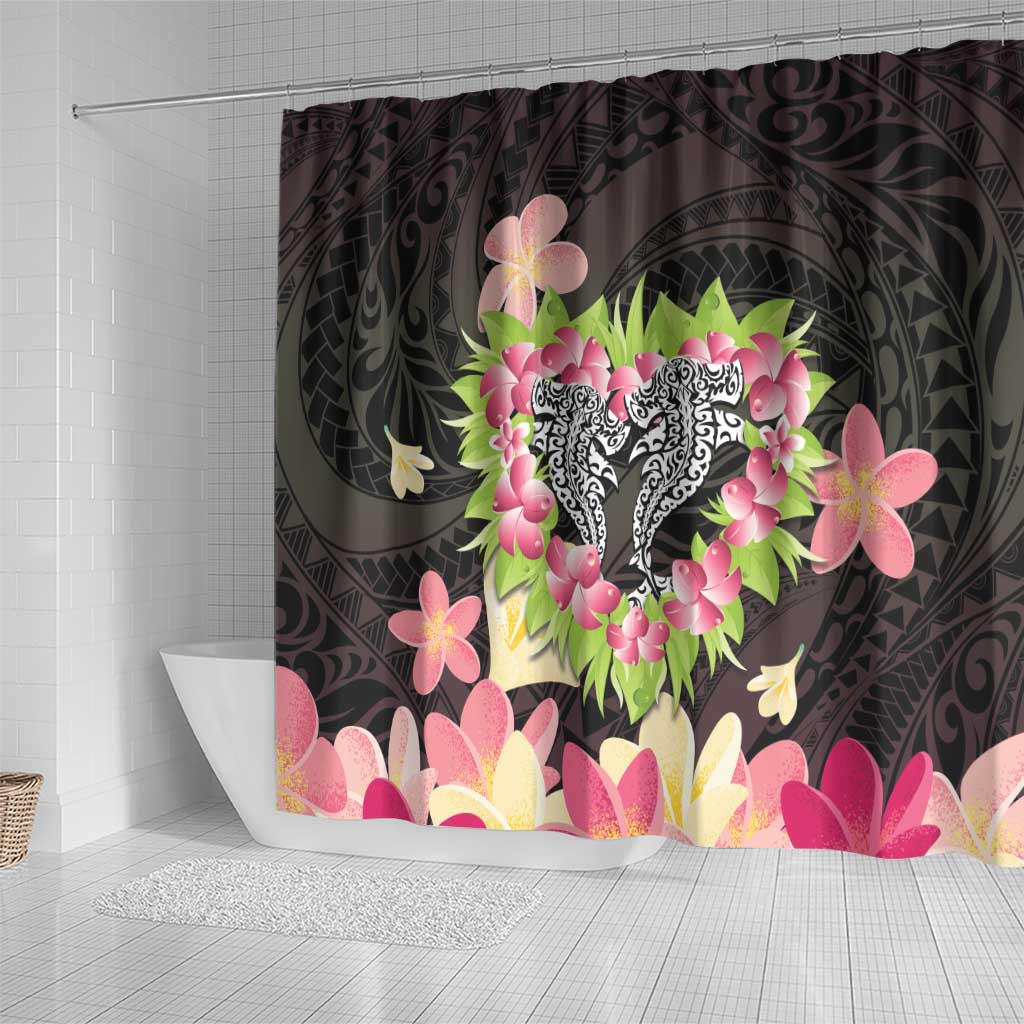 Polynesia Valentine's Day Shower Curtain Hammerhead Shark Plumeria With Polynesian Pattern