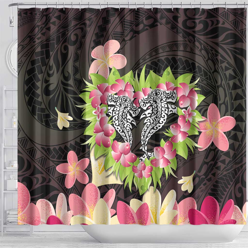 Polynesia Valentine's Day Shower Curtain Hammerhead Shark Plumeria With Polynesian Pattern