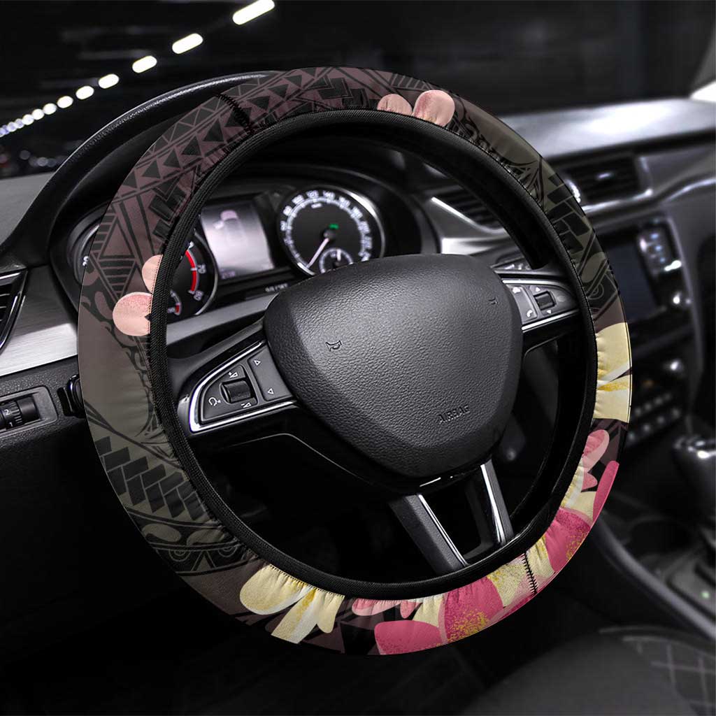 Polynesia Valentine's Day Steering Wheel Cover Hammerhead Shark Plumeria With Polynesian Pattern LT14 Universal Fit Black - Polynesian Pride
