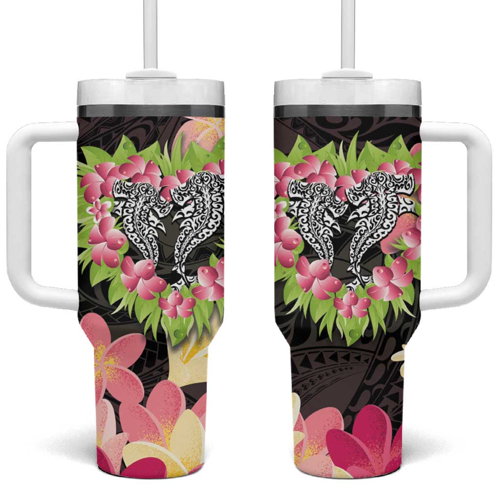 Polynesia Valentine's Day Tumbler With Handle Hammerhead Shark Plumeria With Polynesian Pattern LT14 One Size: 40 oz Black - Polynesian Pride