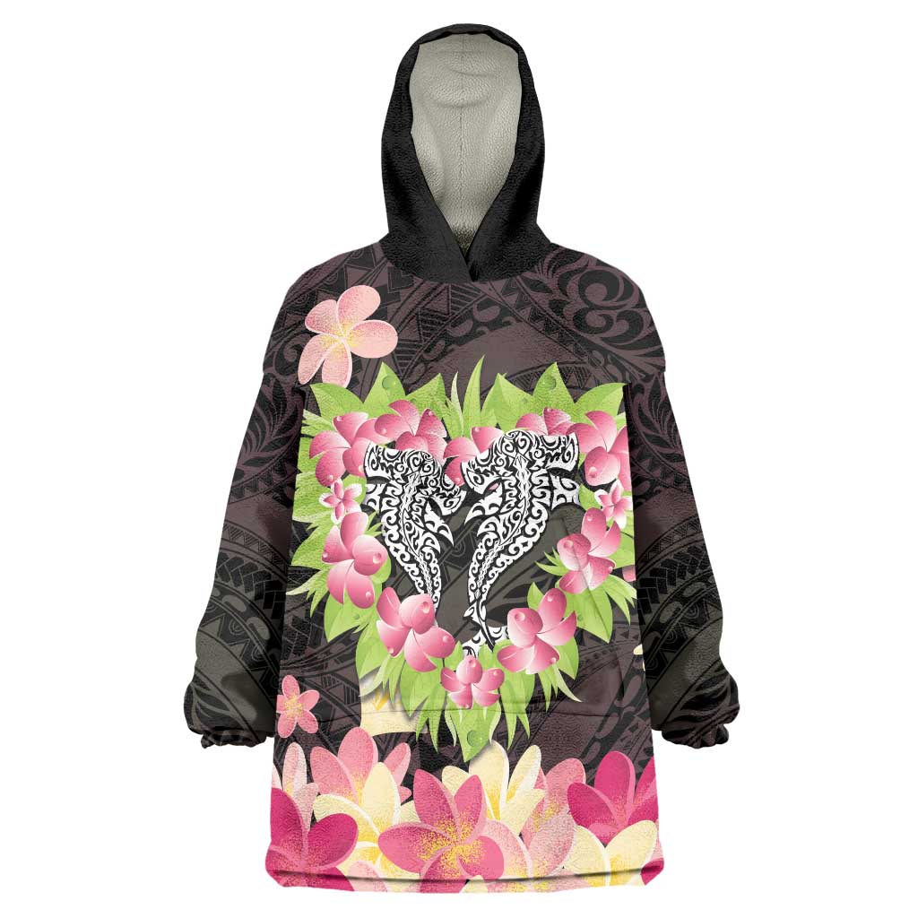 Polynesia Valentine's Day Wearable Blanket Hoodie Hammerhead Shark Plumeria With Polynesian Pattern