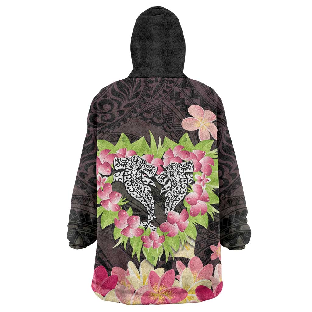 Polynesia Valentine's Day Wearable Blanket Hoodie Hammerhead Shark Plumeria With Polynesian Pattern LT14 - Polynesian Pride