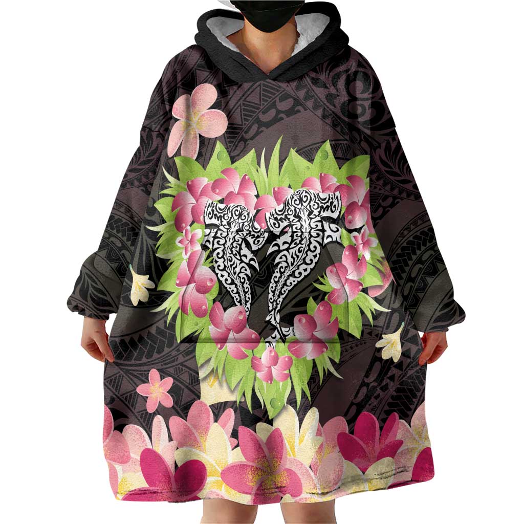 Polynesia Valentine's Day Wearable Blanket Hoodie Hammerhead Shark Plumeria With Polynesian Pattern LT14 - Polynesian Pride