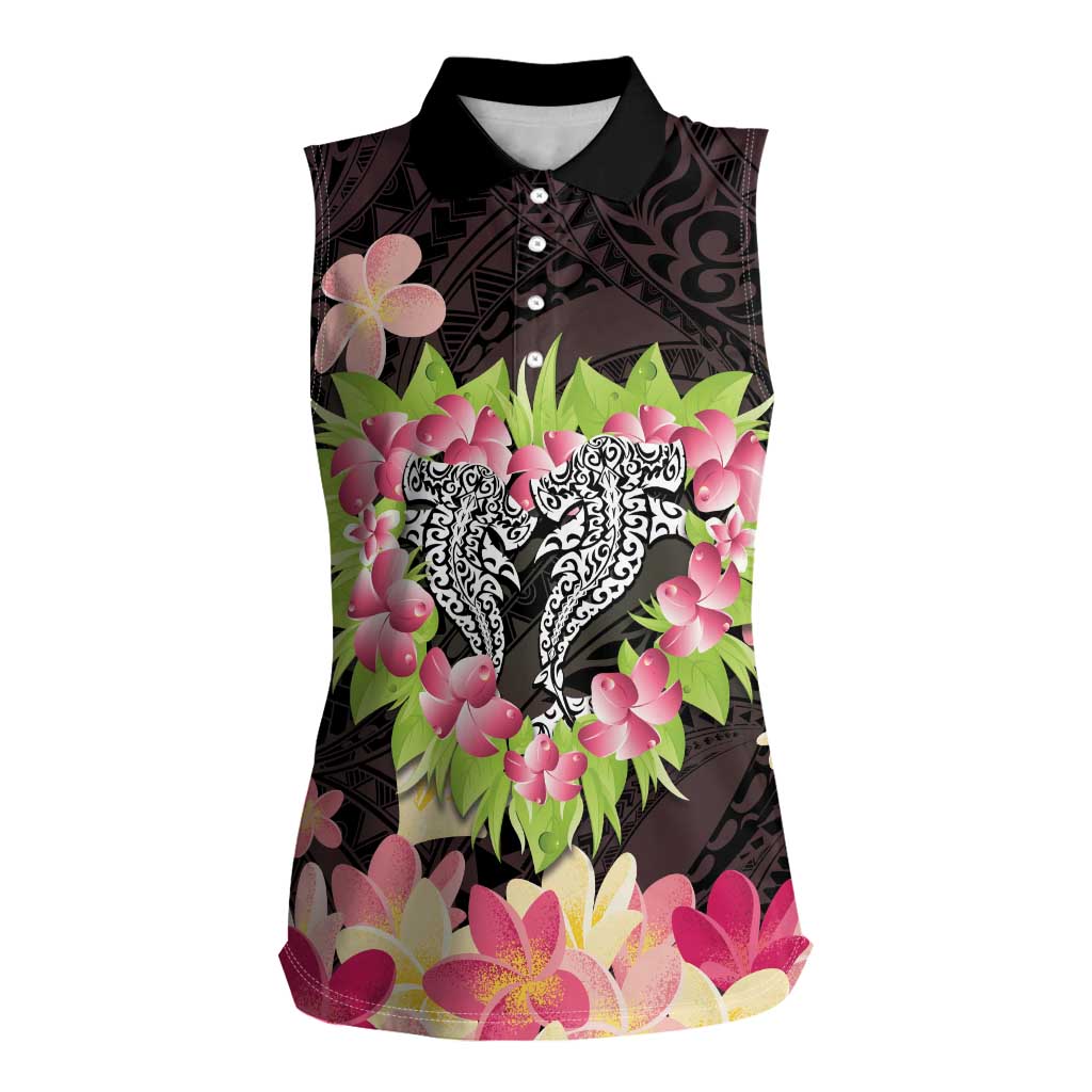 Polynesia Valentine's Day Women Sleeveless Polo Shirt Hammerhead Shark Plumeria With Polynesian Pattern