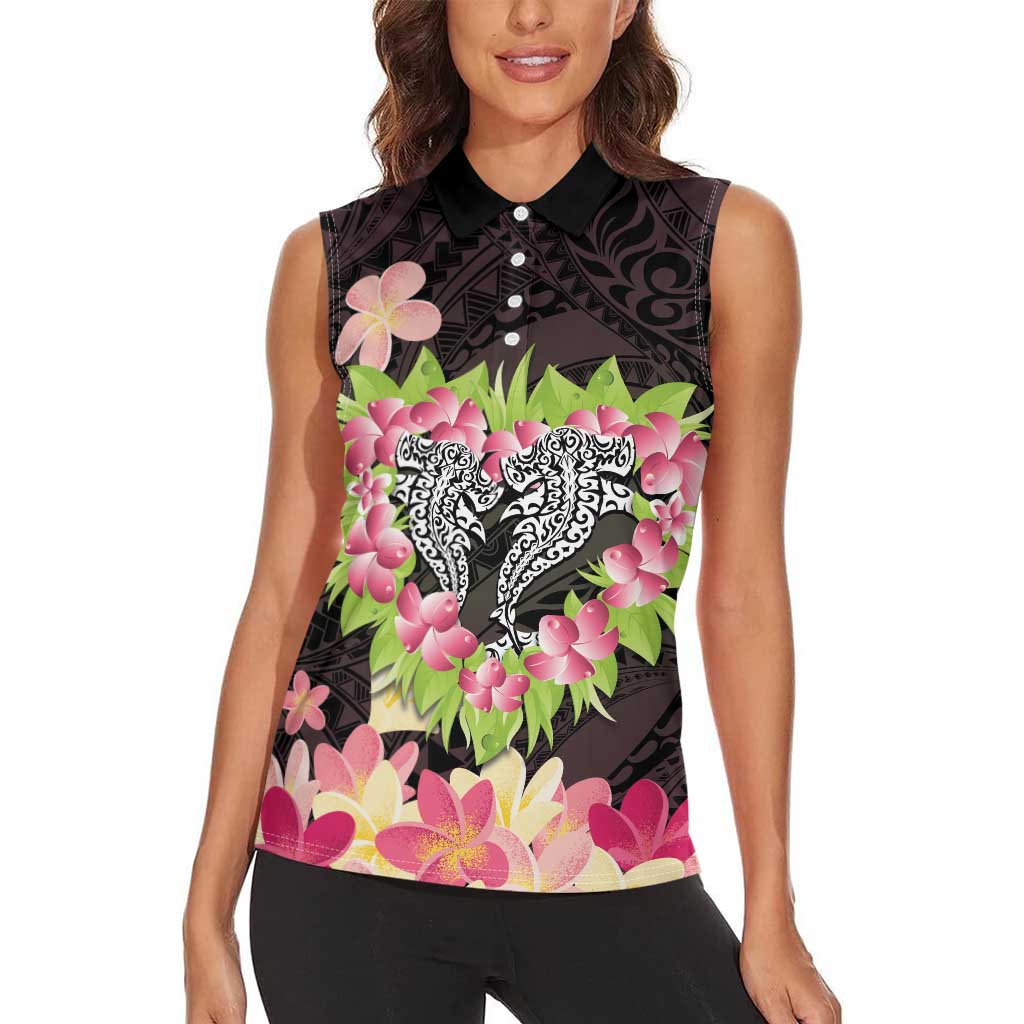 Polynesia Valentine's Day Women Sleeveless Polo Shirt Hammerhead Shark Plumeria With Polynesian Pattern