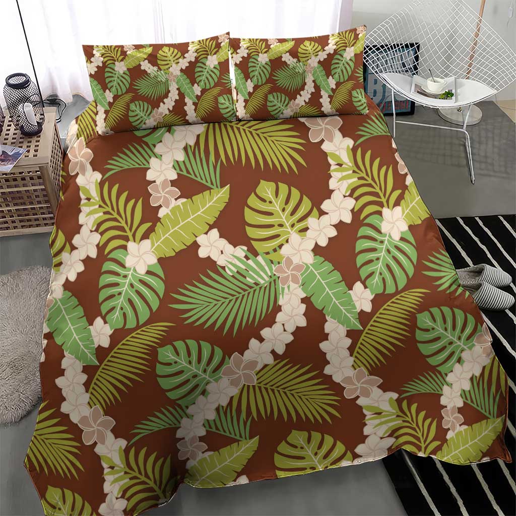 Brown Hawaii Plumeria Lei With Tropical Leaves Bedding Set