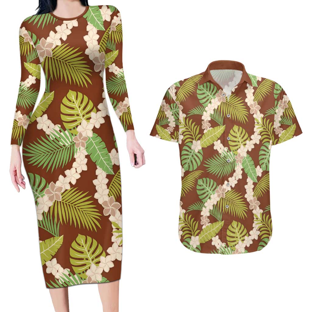 Brown Hawaii Plumeria Lei With Tropical Leaves Couples Matching Long Sleeve Bodycon Dress and Hawaiian Shirt LT14 Brown - Polynesian Pride