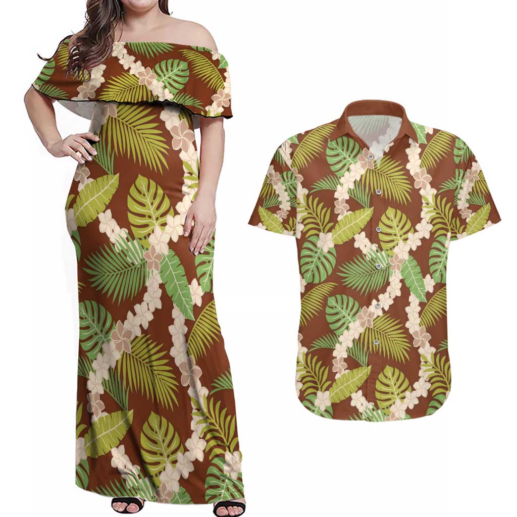 Brown Hawaii Plumeria Lei With Tropical Leaves Couples Matching Off Shoulder Maxi Dress and Hawaiian Shirt LT14 Brown - Polynesian Pride