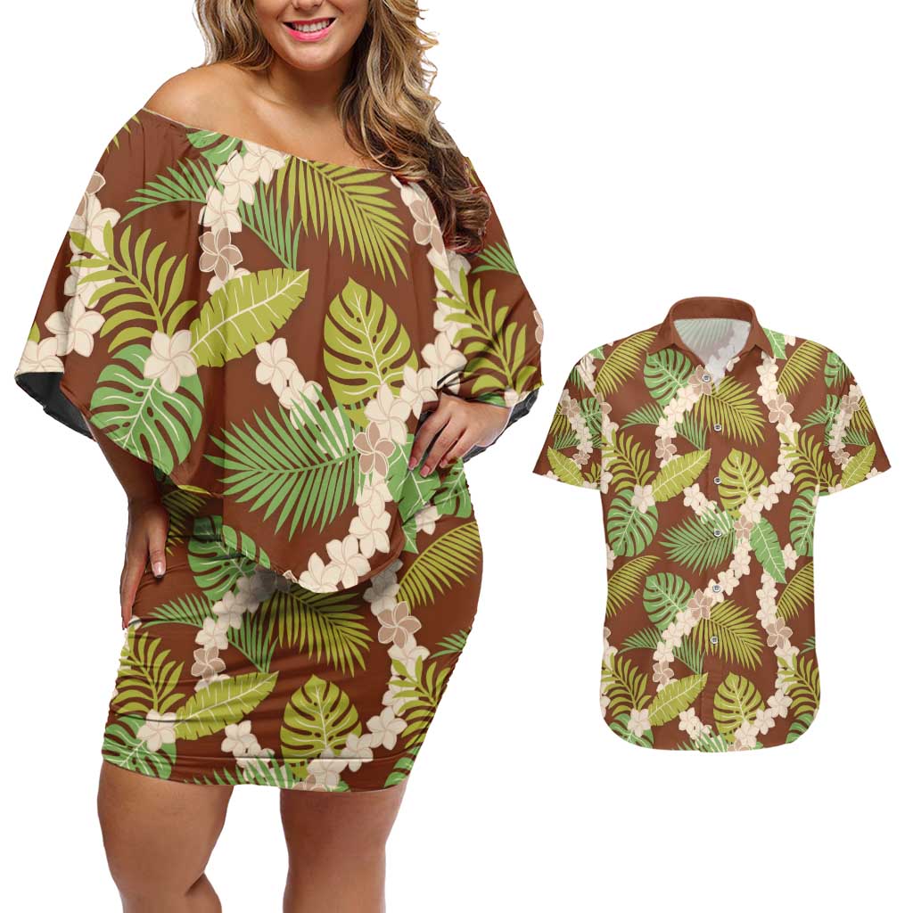 Brown Hawaii Plumeria Lei With Tropical Leaves Couples Matching Off Shoulder Short Dress and Hawaiian Shirt LT14 Brown - Polynesian Pride