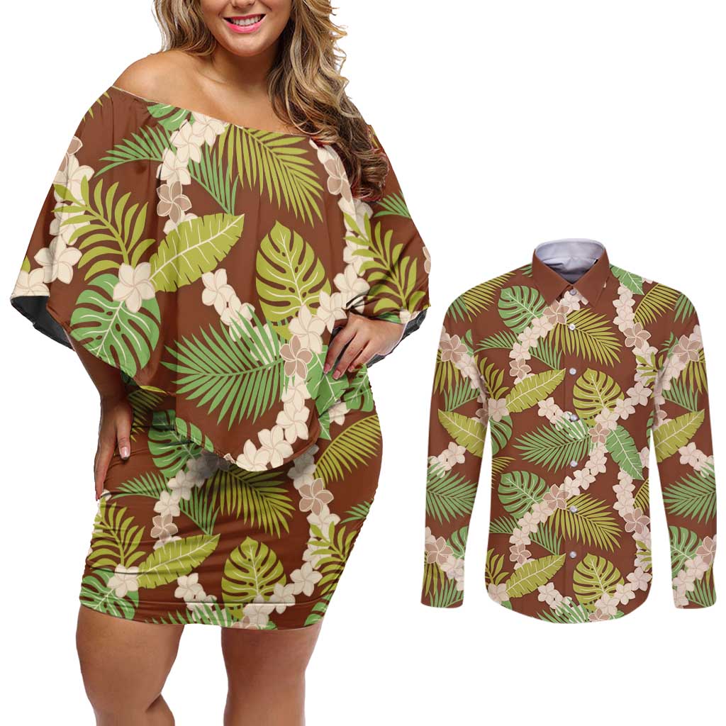 Brown Hawaii Plumeria Lei With Tropical Leaves Couples Matching Off Shoulder Short Dress and Long Sleeve Button Shirt LT14 Brown - Polynesian Pride