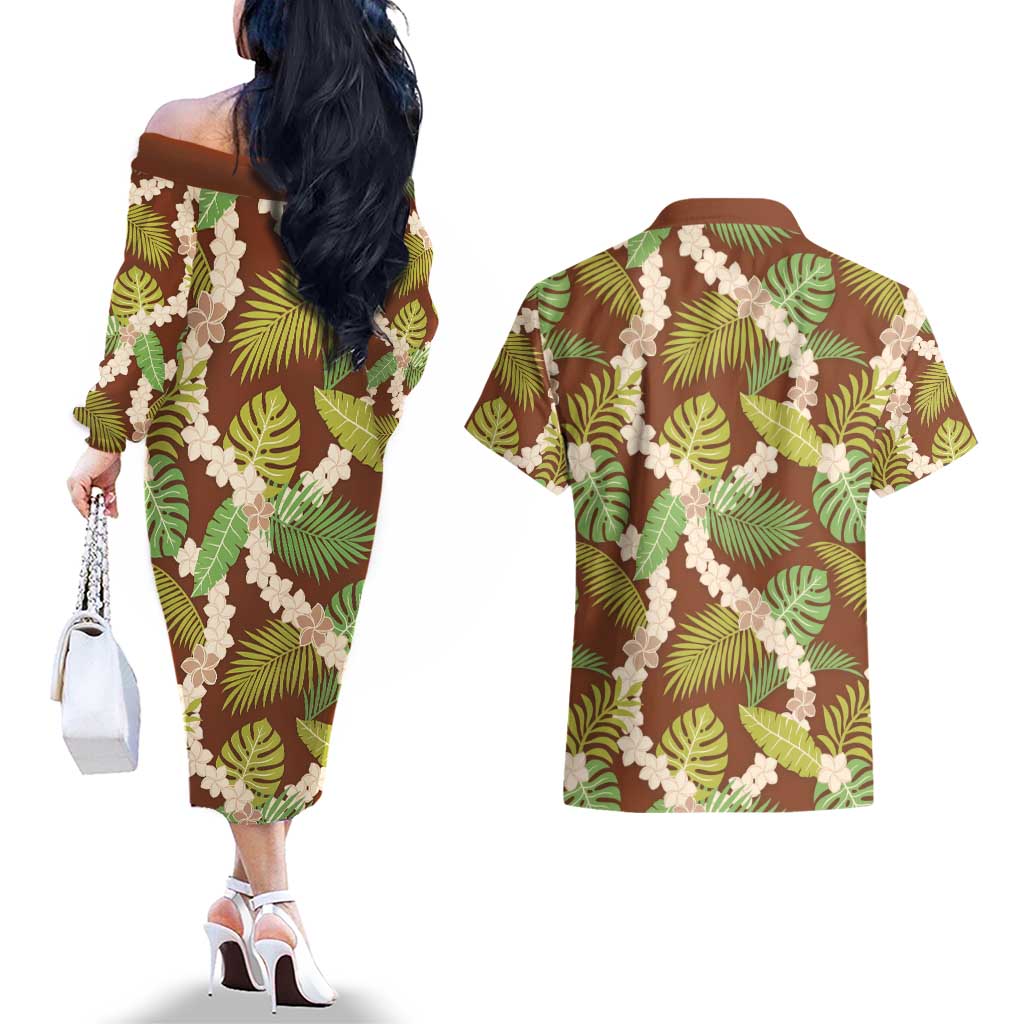 Brown Hawaii Plumeria Lei With Tropical Leaves Couples Matching Off The Shoulder Long Sleeve Dress and Hawaiian Shirt