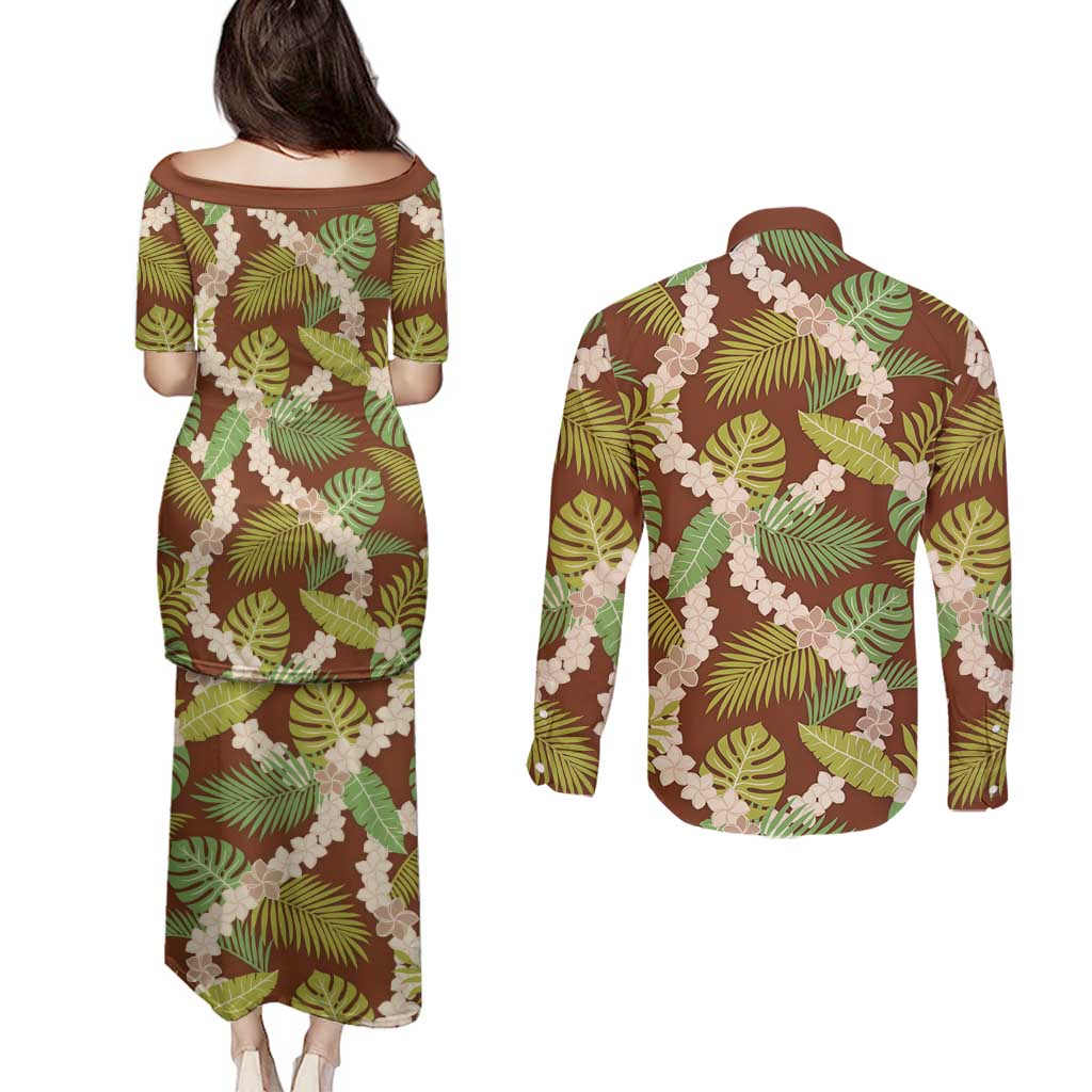 Brown Hawaii Plumeria Lei With Tropical Leaves Couples Matching Puletasi and Long Sleeve Button Shirt LT14 - Polynesian Pride