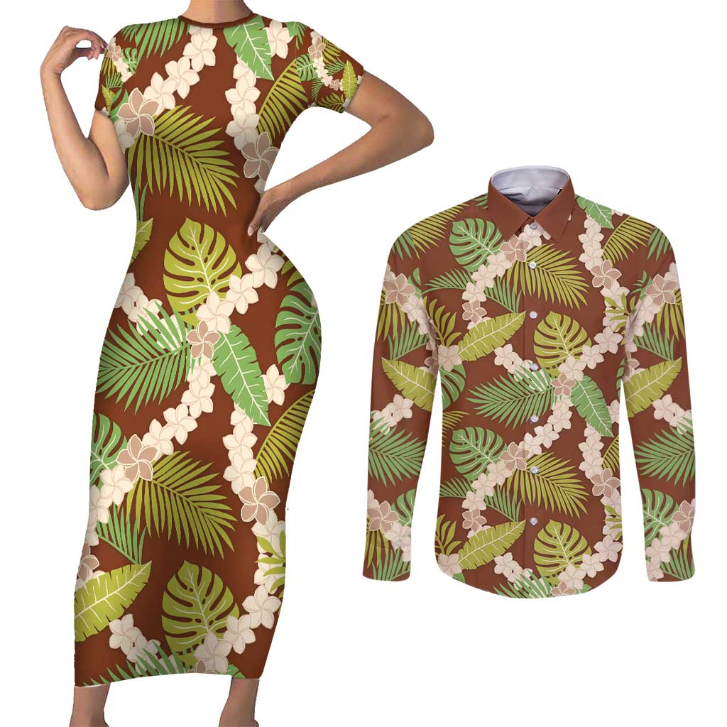 Brown Hawaii Plumeria Lei With Tropical Leaves Couples Matching Short Sleeve Bodycon Dress and Long Sleeve Button Shirt LT14 Brown - Polynesian Pride