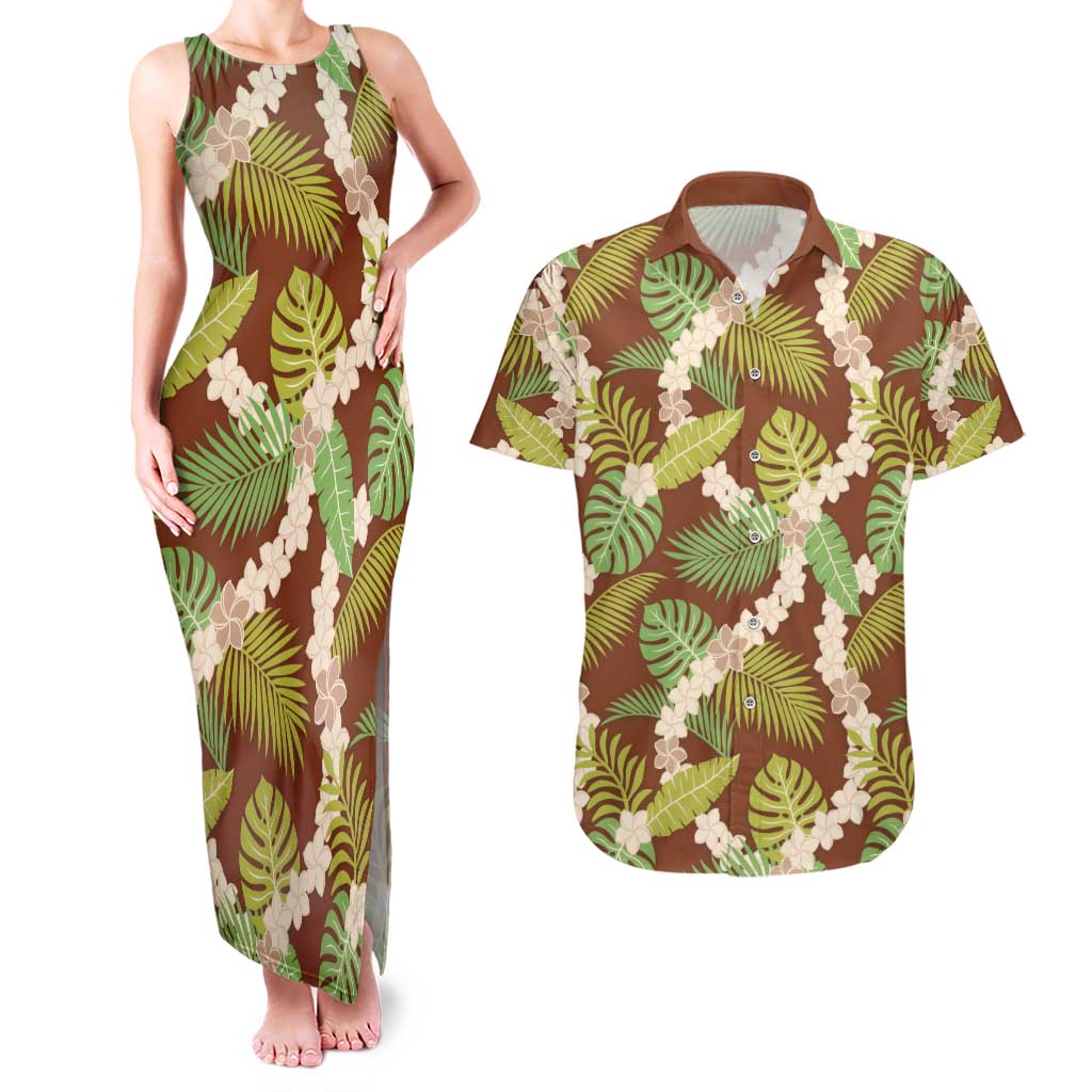 Brown Hawaii Plumeria Lei With Tropical Leaves Couples Matching Tank Maxi Dress and Hawaiian Shirt LT14 Brown - Polynesian Pride