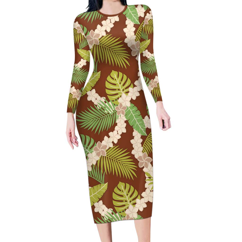 Brown Hawaii Plumeria Lei With Tropical Leaves Family Matching Long Sleeve Bodycon Dress and Hawaiian Shirt