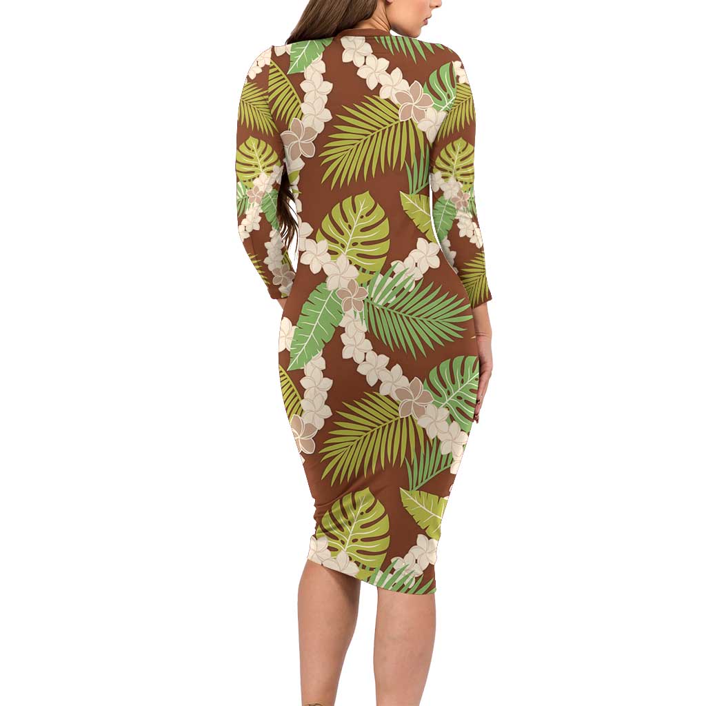 Brown Hawaii Plumeria Lei With Tropical Leaves Family Matching Long Sleeve Bodycon Dress and Hawaiian Shirt