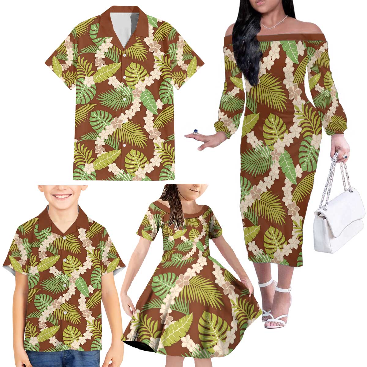 Brown Hawaii Plumeria Lei With Tropical Leaves Family Matching Off The Shoulder Long Sleeve Dress and Hawaiian Shirt