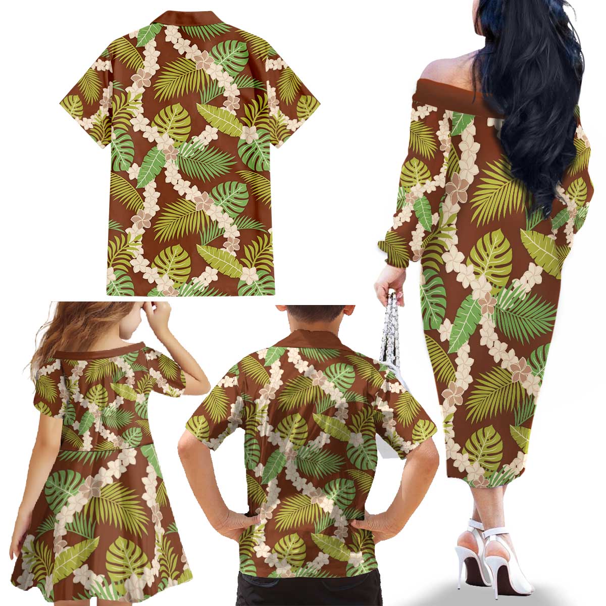 Brown Hawaii Plumeria Lei With Tropical Leaves Family Matching Off The Shoulder Long Sleeve Dress and Hawaiian Shirt
