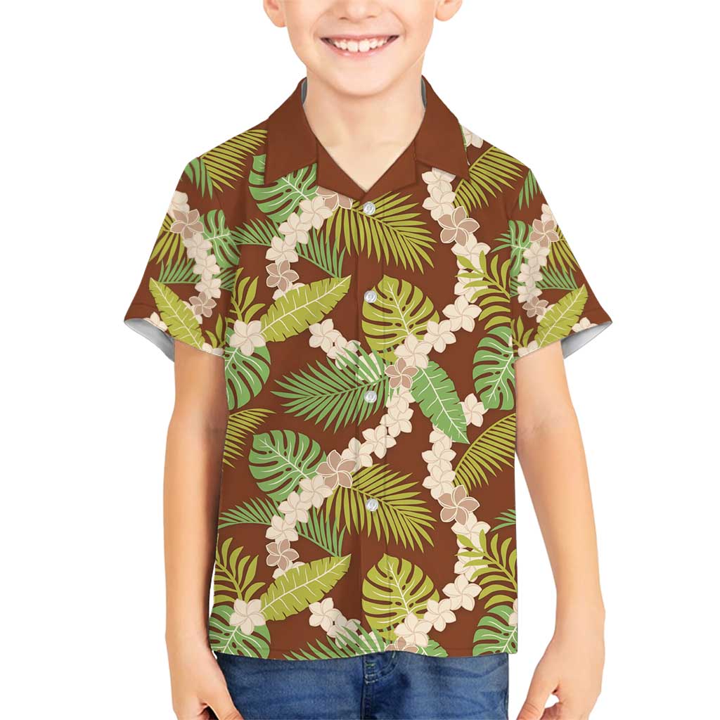 Brown Hawaii Plumeria Lei With Tropical Leaves Family Matching Off Shoulder Maxi Dress and Hawaiian Shirt