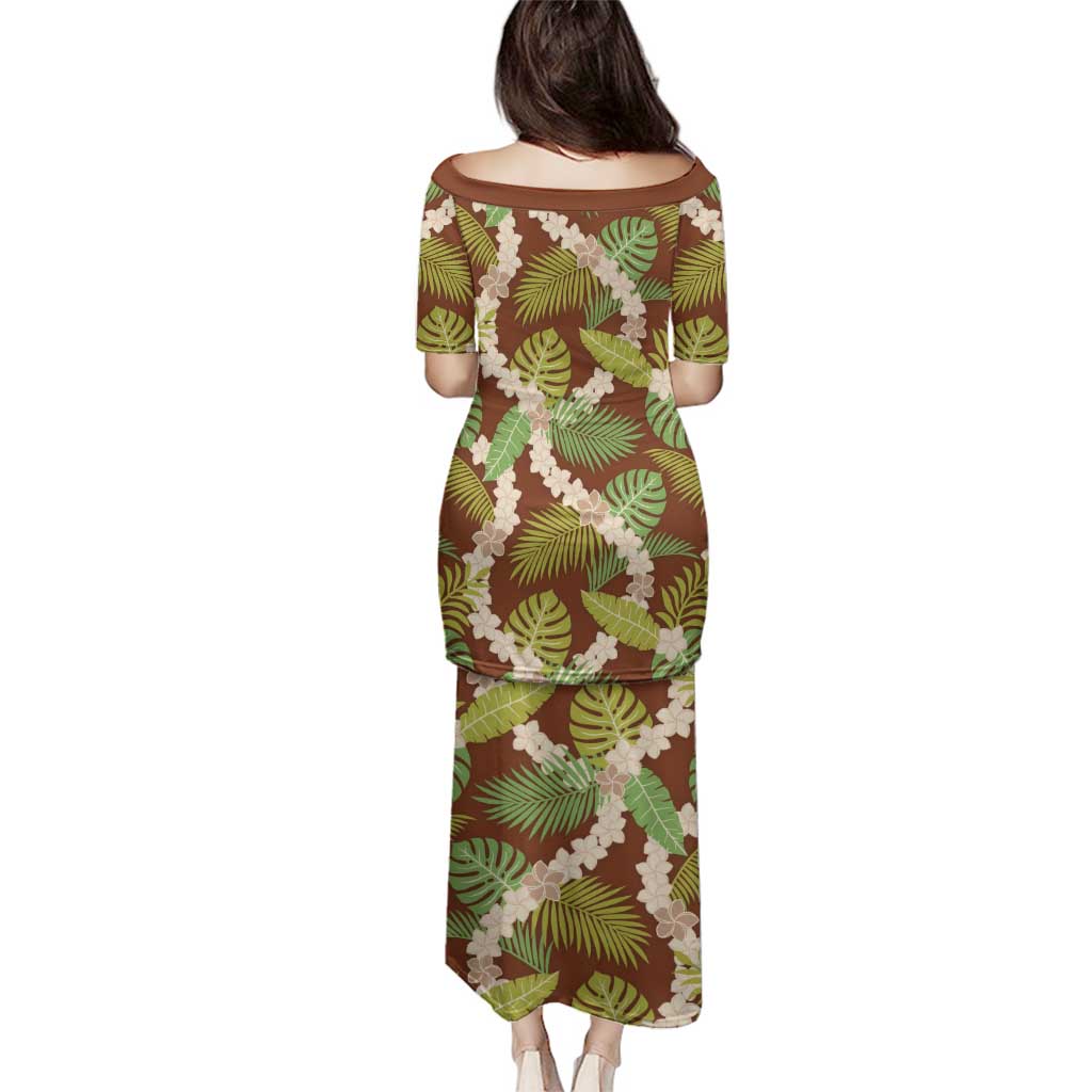 Brown Hawaii Plumeria Lei With Tropical Leaves Family Matching Puletasi and Hawaiian Shirt