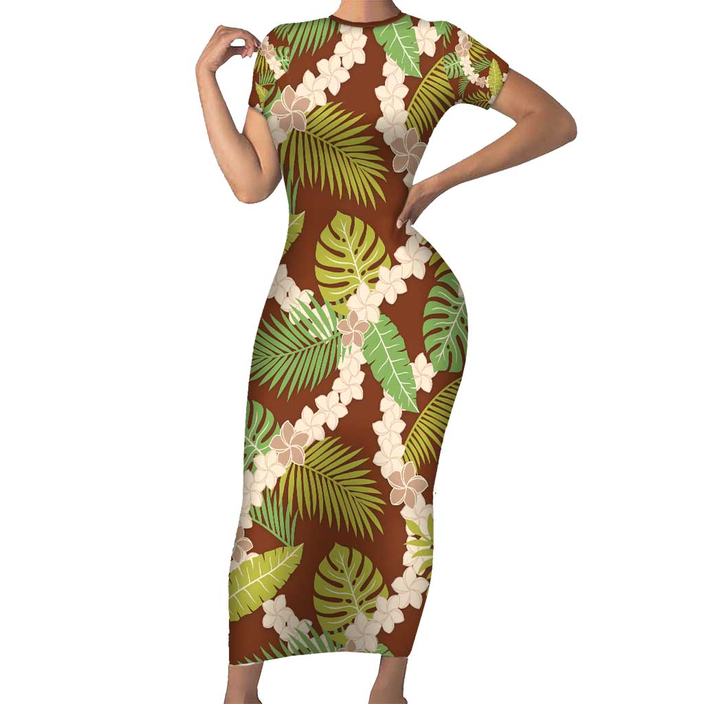 Brown Hawaii Plumeria Lei With Tropical Leaves Family Matching Short Sleeve Bodycon Dress and Hawaiian Shirt