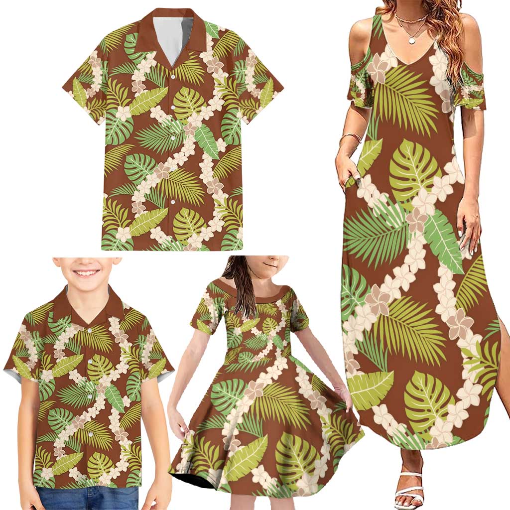 Brown Hawaii Plumeria Lei With Tropical Leaves Family Matching Summer Maxi Dress and Hawaiian Shirt