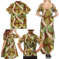Brown Hawaii Plumeria Lei With Tropical Leaves Family Matching Summer Maxi Dress and Hawaiian Shirt