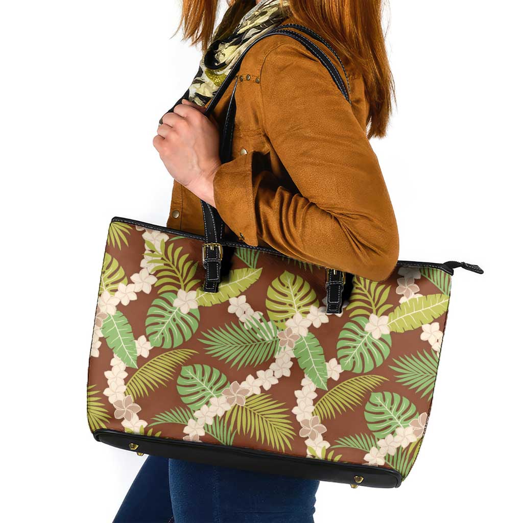 Brown Hawaii Plumeria Lei With Tropical Leaves Leather Tote Bag LT14 Brown - Polynesian Pride