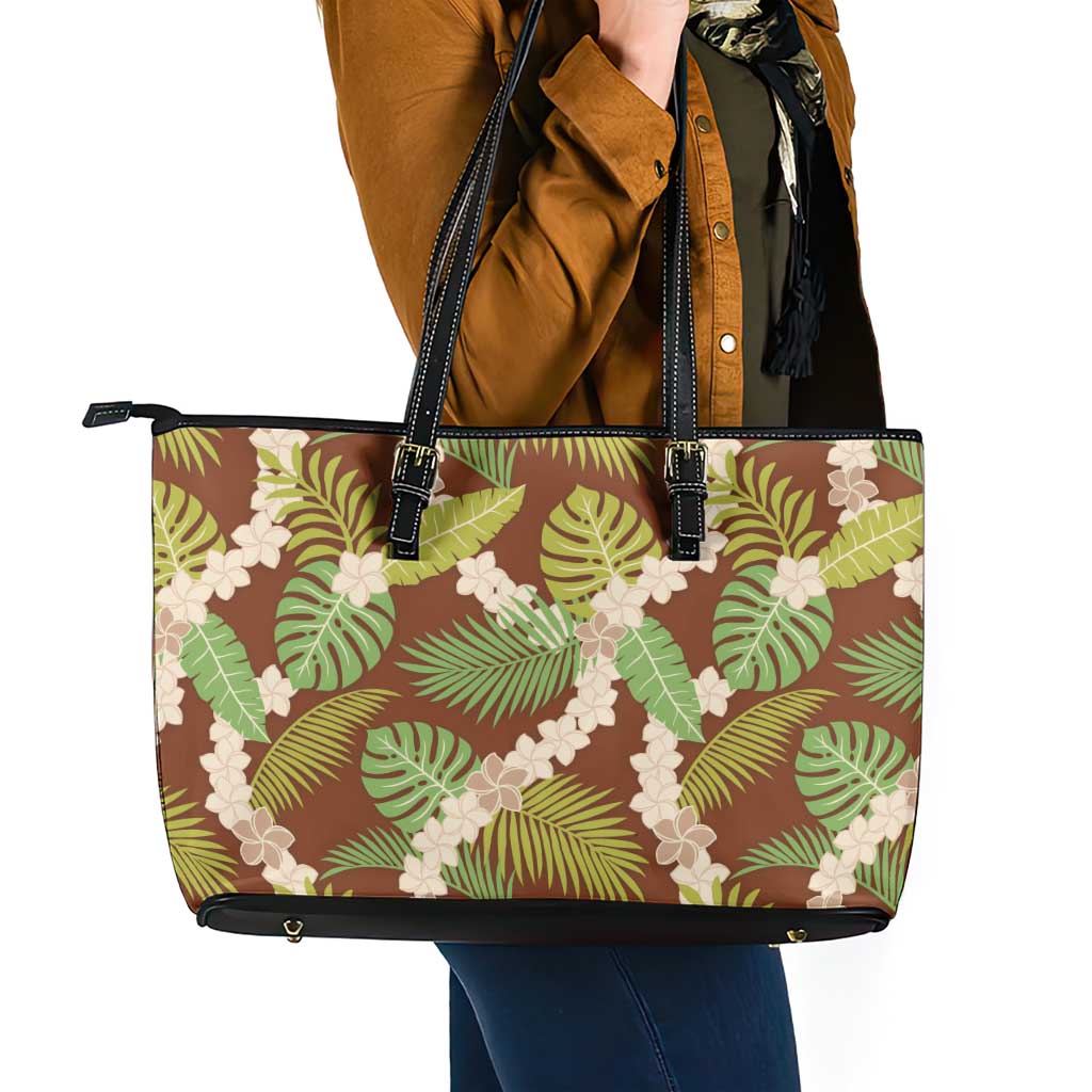 Brown Hawaii Plumeria Lei With Tropical Leaves Leather Tote Bag LT14 - Polynesian Pride