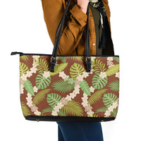 Brown Hawaii Plumeria Lei With Tropical Leaves Leather Tote Bag LT14 - Polynesian Pride