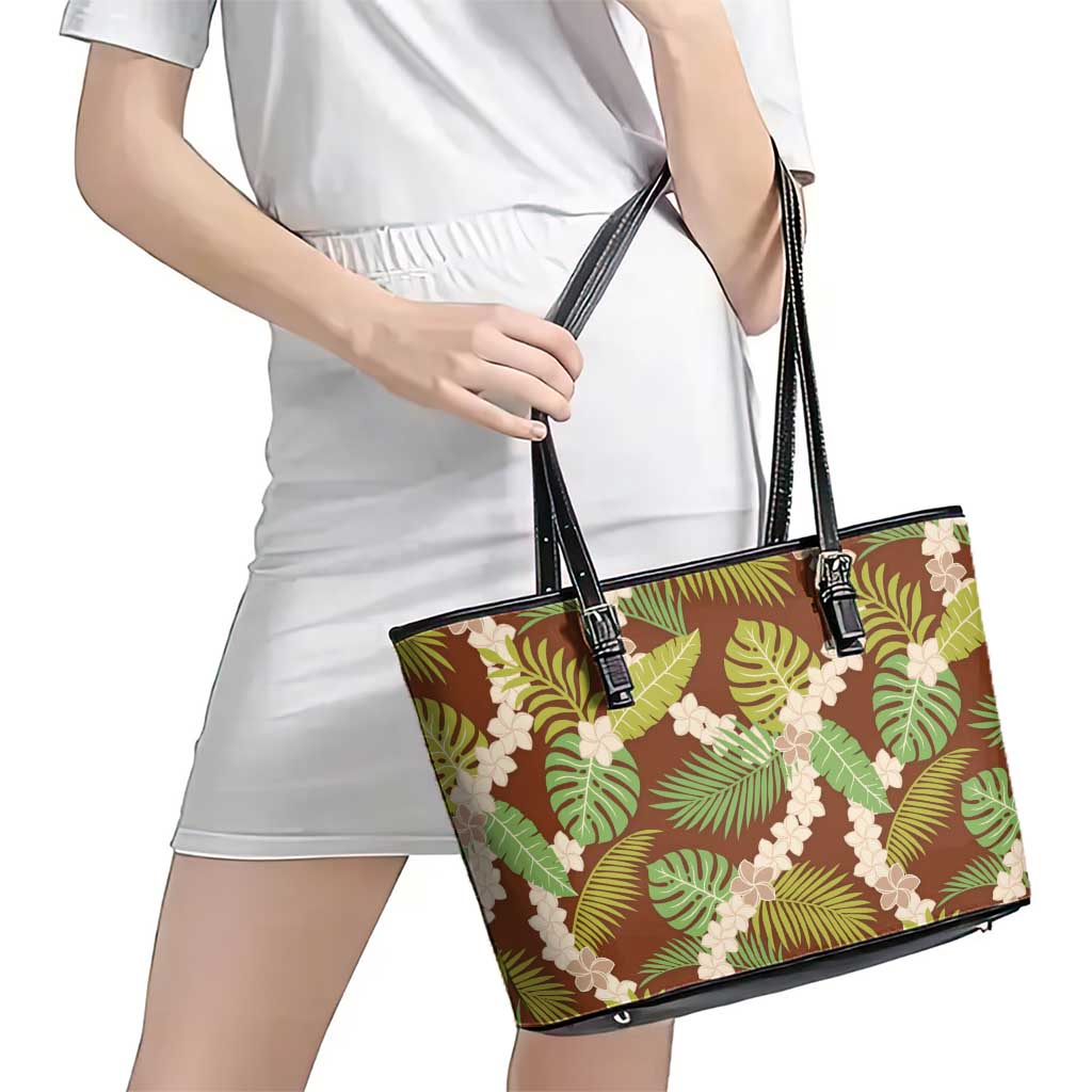 Brown Hawaii Plumeria Lei With Tropical Leaves Leather Tote Bag LT14 - Polynesian Pride
