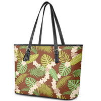 Brown Hawaii Plumeria Lei With Tropical Leaves Leather Tote Bag LT14 - Polynesian Pride